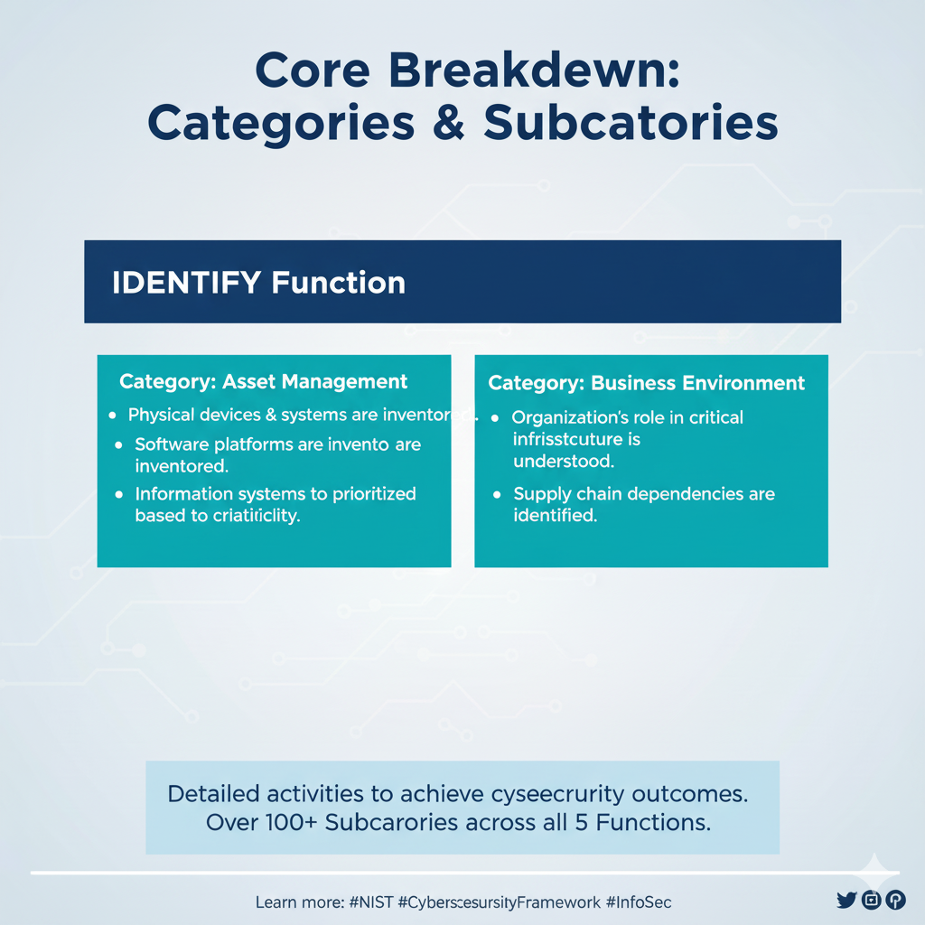 Dive deep into the NIST Cybersecurity Framework (CSF) components, including the Framework Core (Functions, Categories, Subcategories), Implementation Tiers, and Profiles. Learn how this essential framework helps organizations manage and reduce cybersecurity risks effectively.