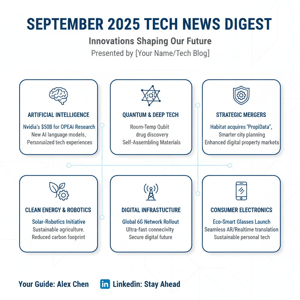 Dive into the most significant technology news of September 2025! This comprehensive roundup explores groundbreaking advancements in Artificial Intelligence, including Nvidia's massive investment in OpenAI and Alphabet's Gemini AI triumph. Discover pivotal developments in quantum computing, strategic mergers in real estate tech, and innovative strides in sustainable energy and robotics. We also cover the latest in consumer electronics, back-to-school tech, and the ever-evolving landscape of digital infrastructure. Get ready for an in-depth look at the innovations shaping our future, presented with a personal touch and all the details you need to stay ahead in the fast-paced world of technology. Tech News Monthly around up
