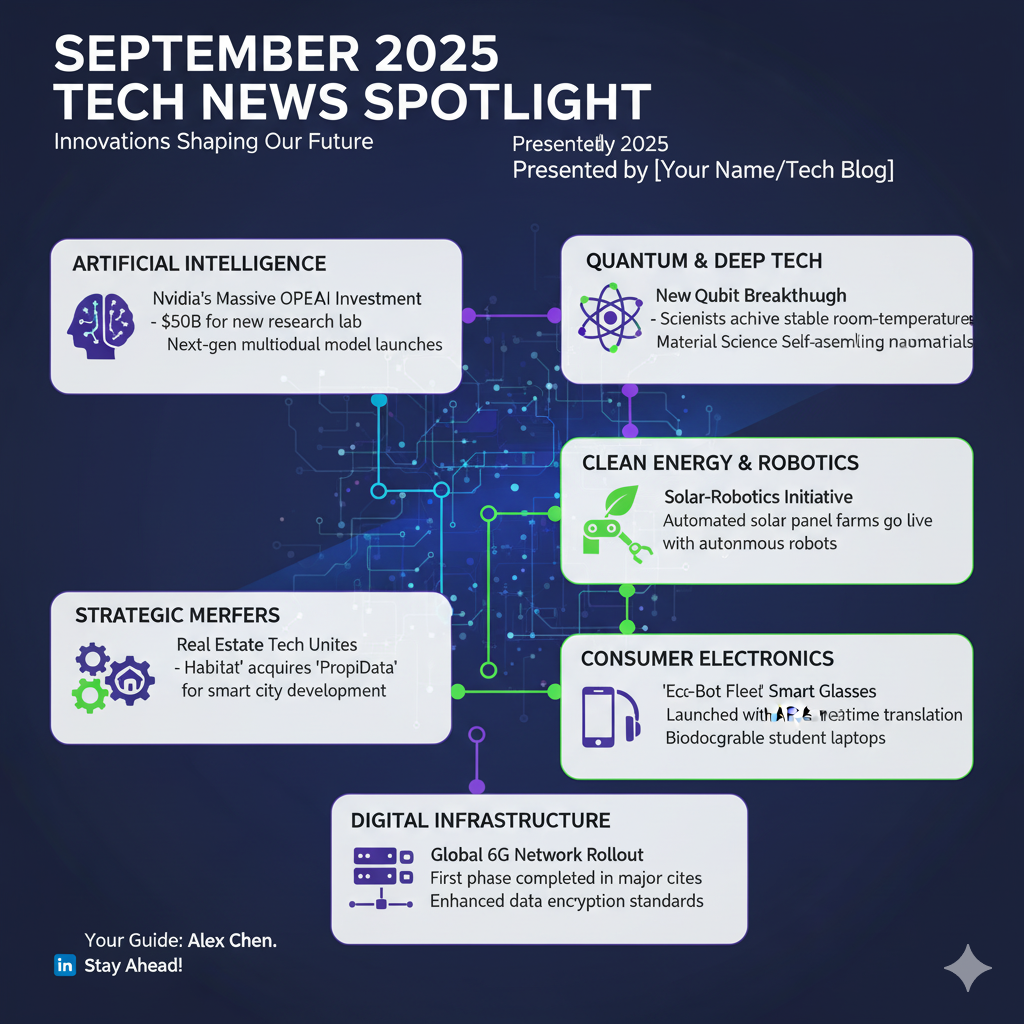 Dive into the most significant technology news of September 2025! This comprehensive roundup explores groundbreaking advancements in Artificial Intelligence, including Nvidia's massive investment in OpenAI and Alphabet's Gemini AI triumph. Discover pivotal developments in quantum computing, strategic mergers in real estate tech, and innovative strides in sustainable energy and robotics. We also cover the latest in consumer electronics, back-to-school tech, and the ever-evolving landscape of digital infrastructure. Get ready for an in-depth look at the innovations shaping our future, presented with a personal touch and all the details you need to stay ahead in the fast-paced world of technology. Tech News Monthly around up