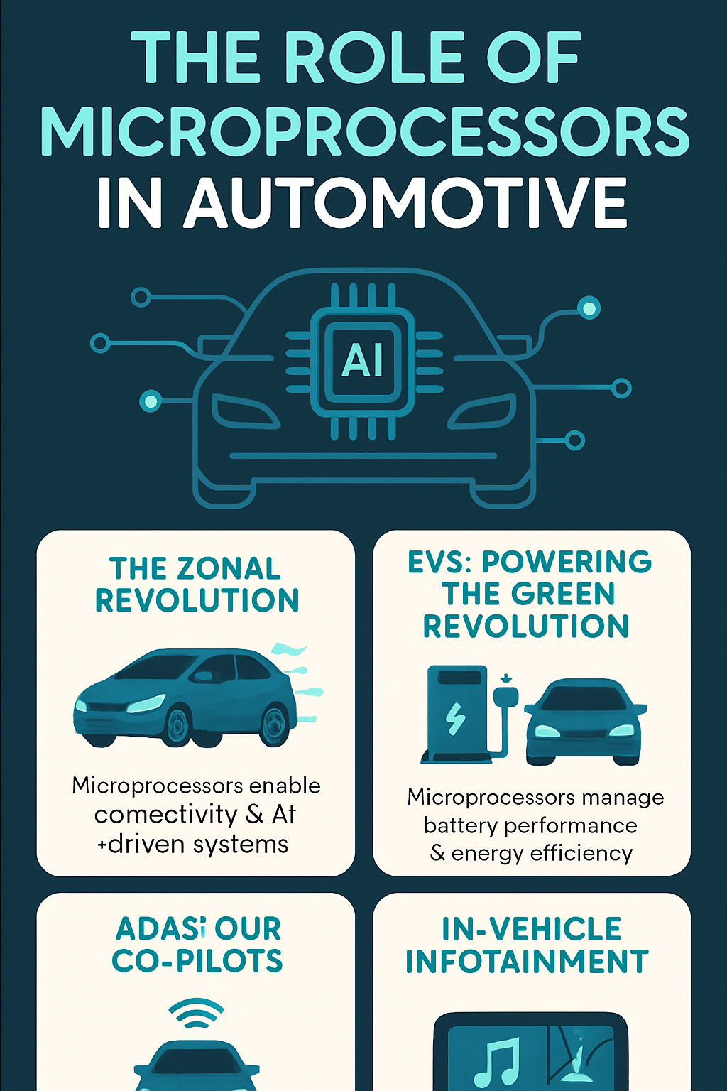 Explore how microprocessors are revolutionizing the automotive industry, driving innovation in Electric Vehicles (EVs), Advanced Driver-Assistance Systems (ADAS), and in-vehicle infotainment. Discover the future of smart, connected, and autonomous cars. Car electronics 