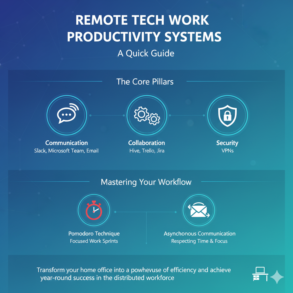 The Ultimate Guide to Remote Tech Work Productivity Systems Unlock peak performance in your remote tech career. This comprehensive guide breaks down the essential productivity systems built on Communication, Collaboration, and Security. Discover the foundational tools like Slack, Hive, and VPNs, and master advanced strategies like the Pomodoro Technique and Asynchronous Communication. Transform your home office into a powerhouse of efficiency and achieve year-round success in the distributed workforce.