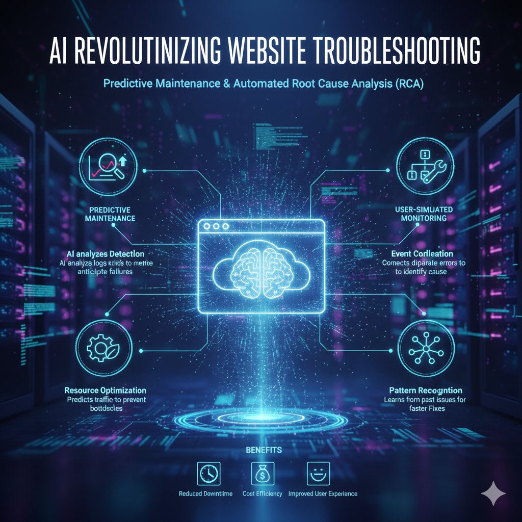 Explore how AI is revolutionizing website troubleshooting. From predictive maintenance and automated root cause analysis (RCA) to self-healing code and user-simulated monitoring, discover the future of web operations and debugging.