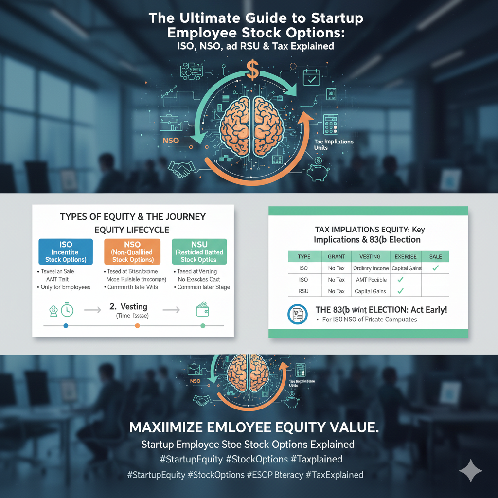 Startup Employee Stock Options Explained

Stock Options, Employee Equity, ISO, NSO, RSU, Vesting, 83b Election, Startup Finance, Tax Implications, Equity Compensation, Exercise Price, Fair Market Value, Liquidity Event, AMT, Startup Hiring

The Ultimate Guide to Startup Employee Stock Options: ISO, NSO, RSU, and Tax Explained

Decode startup employee stock options (ISO, NSO, RSU), understand vesting, exercise, and critical tax implications like the 83(b) election. Essential reading for every startup employee.

Title: The Ultimate Guide to Startup Employee Stock Options: ISO, NSO, RSU, and Tax Explained
Meta Description: Decode startup employee stock options (ISO, NSO, RSU), understand vesting, exercise, and critical tax implications like the 83(b) election. Essential reading for every startup employee.
Tags: Stock Options, Employee Equity, ISO, NSO, RSU, Vesting, 83b Election, Startup Finance, Tax Implications, Equity Compensation, Exercise Price, Fair Market Value, Liquidity Event, AMT, Startup Hiring
Key phrase : Startup Employee Stock Options Explained

Make image and two infoghrapics from the data