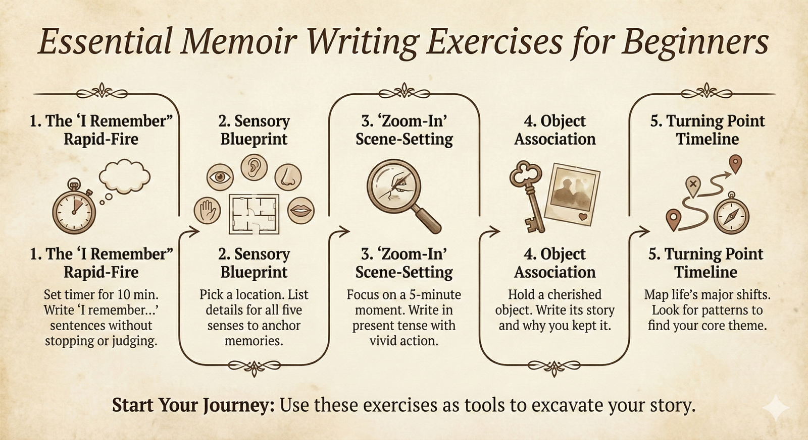 Title: Unlocking the Past: Essential Memoir Writing Exercises for Beginners
Meta Description: Start your memoir journey with these powerful writing exercises designed for beginners. Learn techniques for memory retrieval, scene-setting, and discovering the core theme of your life story.
Tags: Memoir Writing, Writing Exercises, Creative Nonfiction, Beginner Writer, Memory Retrieval, Scene Setting, Narrative Theme, Author Craft, Writing Prompts, Fiction Writing Techniques, Storytelling, Personal Essay, Memoir Structure, First Draft, Vulnerability
Key phrase: Memoir Writing Exercises for Beginners

Memoir Writing Exercises for Beginners