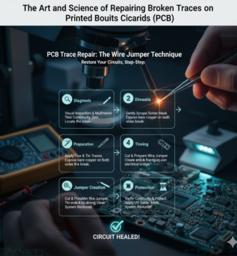 Title: The Art and Science of Repairing Broken Traces on Printed Circuit Boards (PCBs) Meta Description: A comprehensive guide to diagnosing and repairing damaged copper traces on PCBs. Learn the wire jumper technique, necessary tools, and post-repair protection steps to restore electronics. Tags: PCB Repair, Broken Trace, Soldering, Electronics Repair, Wire Jumper, Solder Mask, Circuit Board Troubleshooting, DIY Electronics, Micro Soldering Key phrase: Repairing Broken Traces on PCBs