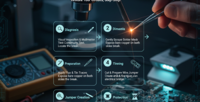 Title: The Art and Science of Repairing Broken Traces on Printed Circuit Boards (PCBs) Meta Description: A comprehensive guide to diagnosing and repairing damaged copper traces on PCBs. Learn the wire jumper technique, necessary tools, and post-repair protection steps to restore electronics. Tags: PCB Repair, Broken Trace, Soldering, Electronics Repair, Wire Jumper, Solder Mask, Circuit Board Troubleshooting, DIY Electronics, Micro Soldering Key phrase: Repairing Broken Traces on PCBs
