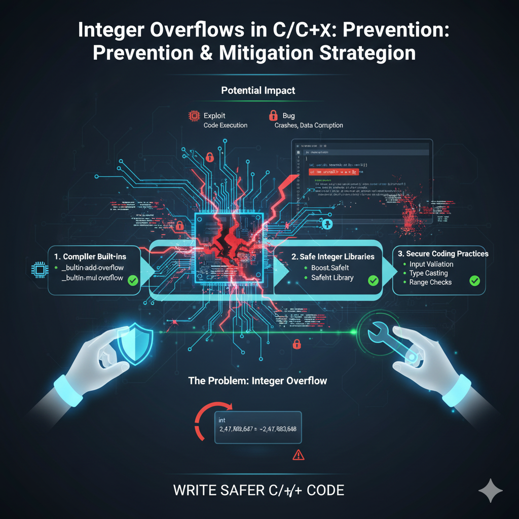 Learn how to prevent and mitigate integer overflow vulnerabilities in C/C++ using compiler built-ins, safe integer libraries, and secure coding practices. Integer Overflows in Low-Level Code