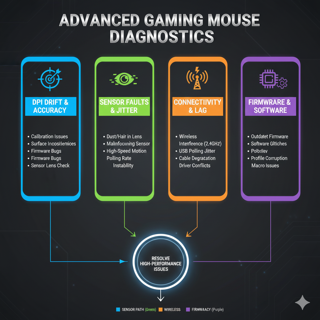 Title: Advanced Gaming Mouse Mysteries: Resolving DPI Drift, Sensor Issues, and More Meta Description: Technical guide to diagnose and resolve DPI drift, sensor faults, polling jitter, wireless interference, and firmware issues for competitive gaming mice. Tags: Gaming, Mouse, DPI, Sensor, Troubleshooting, Latency, USB, Wireless, Firmware, Diagnostics Key phrase : Advanced gaming mouse diagnostics