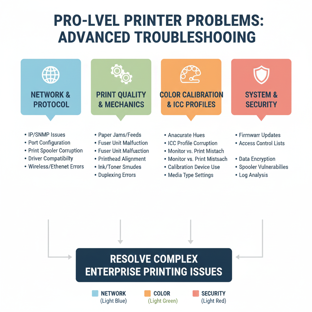 Title: Pro-Level Printer Problems: Advanced Troubleshooting for Networked and High-End Printers Meta Description: Advanced guide for diagnosing networked and high-end printers, including SNMP issues, spooler corruption, print protocols, color calibration, and security bottlenecks. Tags: Printer, Network Printer, MFD, Troubleshooting, SNMP, Print Spooler, Color Calibration, ICC Profile, High-End Printer, Enterprise Printing, Print Protocols