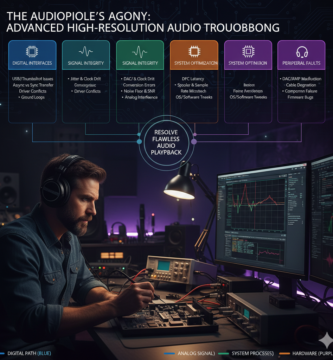Advanced guide for diagnosing high-resolution audio peripherals including DACs, ADCs, audio interfaces, jitter, DPC latency, USB issues, and system optimization. The Audiophile's Agony