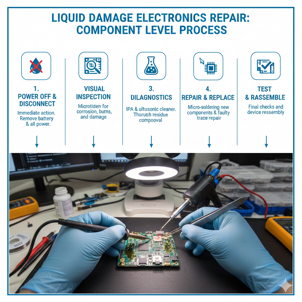 Repairing liquid damaged electronics at component level
