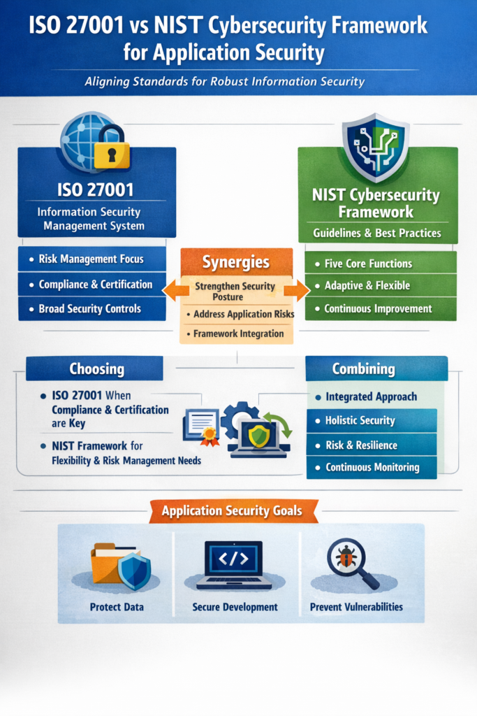 Delve into ISO 27001 and the NIST Cybersecurity Framework for application security. Understand their differences, synergies, and how to choose or combine them for robust information security management. Application Security