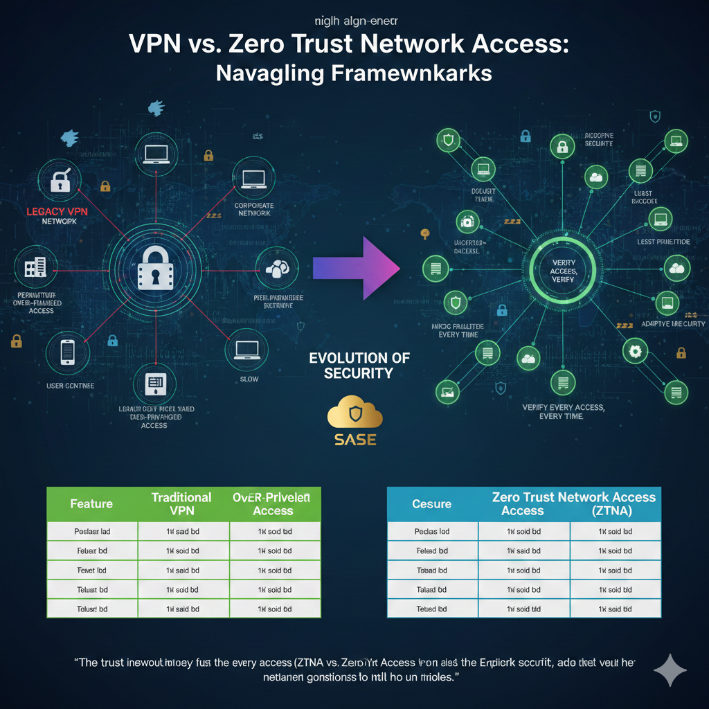 Title: VPN vs. Zero Trust Network Access: Navigating Modern Security Frameworks
Meta Description: Explore the differences between VPNs and Zero Trust Network Access (ZTNA) to understand modern security frameworks and choose the best approach for your organization.
Tags: VPN, ZTNA, Zero Trust, Network Security, Cybersecurity, Security Frameworks, Compliance, Remote Work, SASE, Network Access, Data Protection, IT Security, Cloud Security, Digital Transformation, Access Control
Key phrase : VPN vs Zero Trust Network Access
<h2 align="center" style="margin: 5em 0;">Feature Image: Modern Network Security 