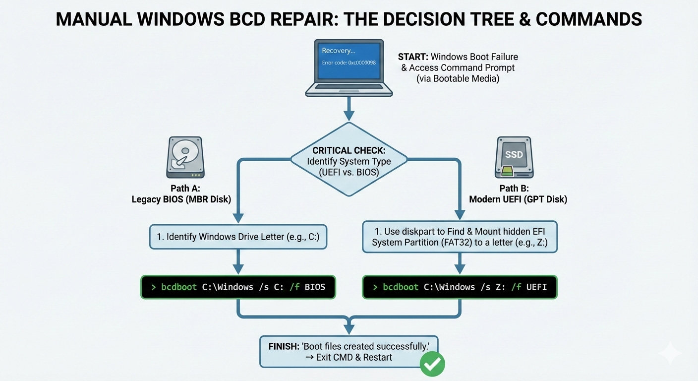 manually repairing the Windows Boot Configuration Data (BCD) store