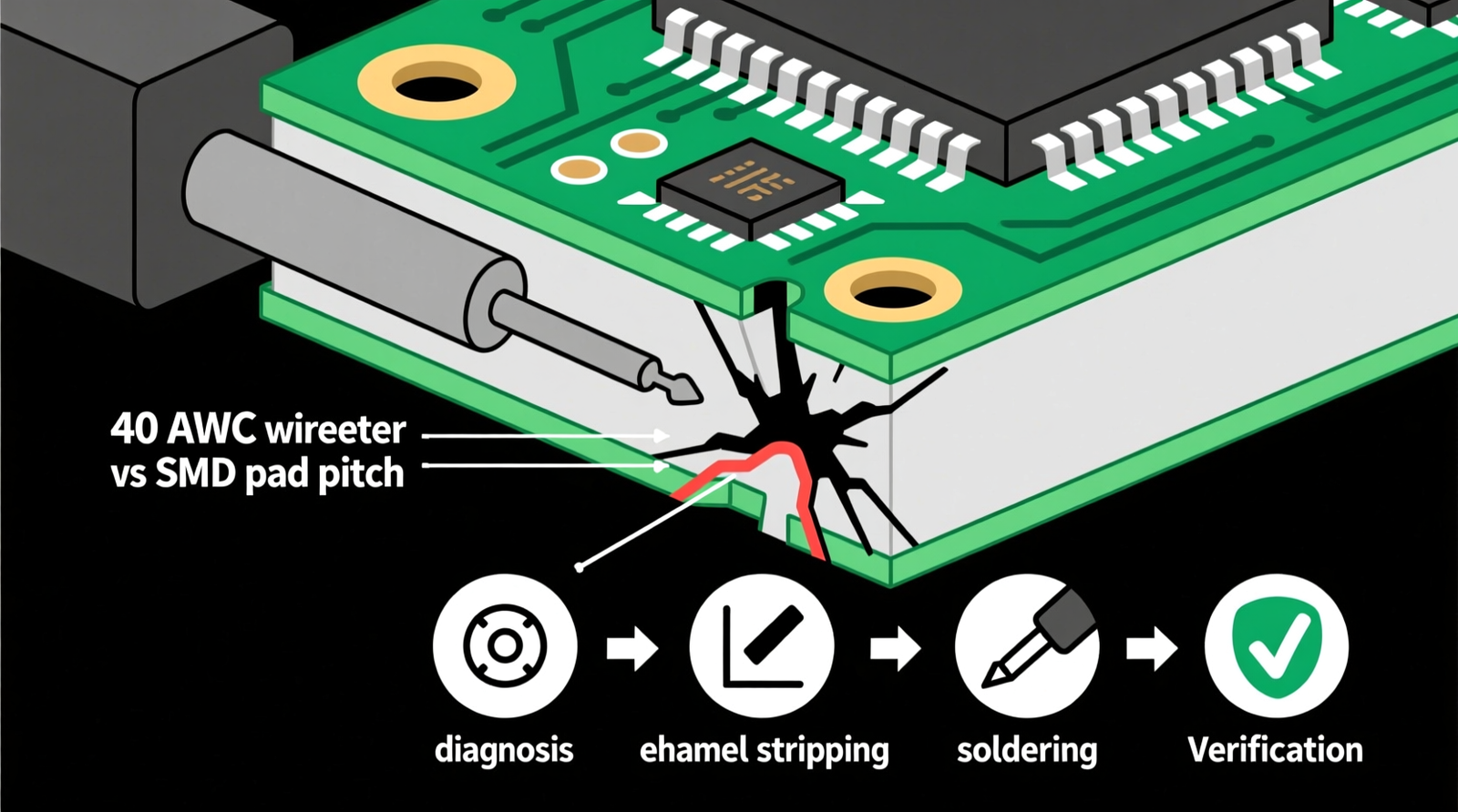 how to jumper broken PCB trace with 40 AWG enamel copper wire